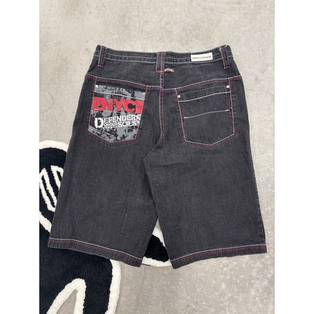 Vintage Enyce Black Denim Jorts Baggy Hip Hop Shorts Red Stitching Mens 36